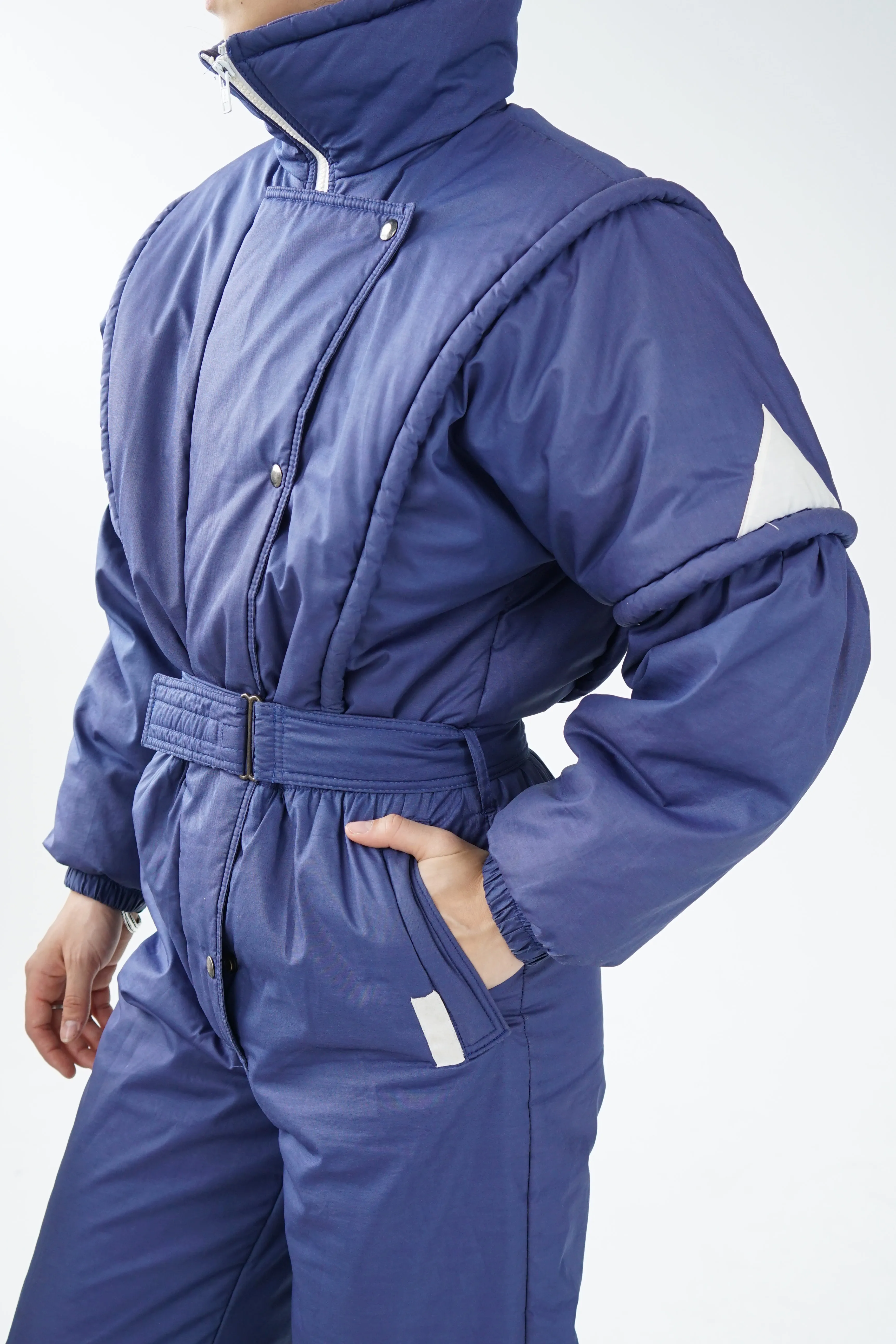 One piece vintage Lupa ski suit, snow suit bleu foncé avec zip blanc unisex taille 12