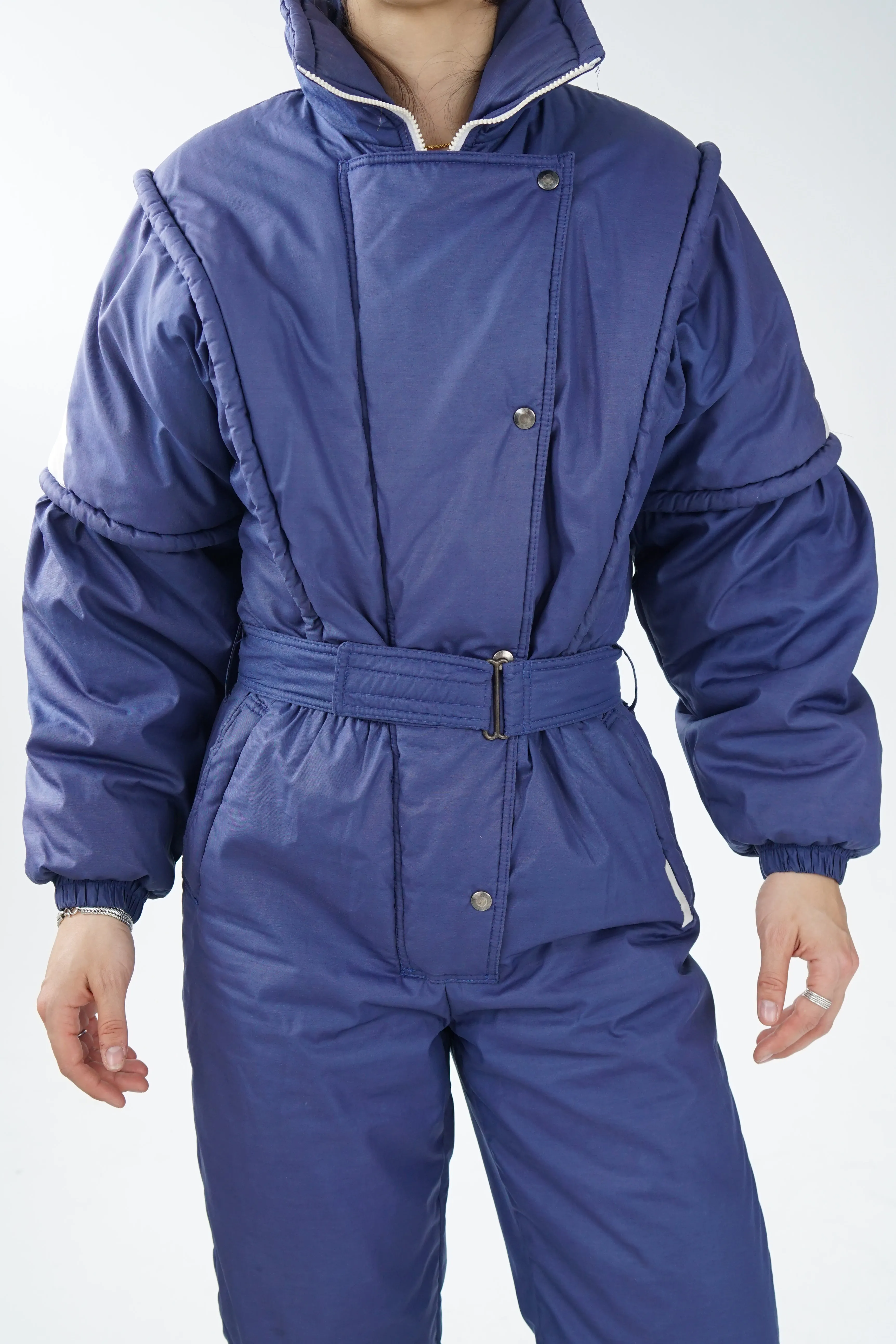 One piece vintage Lupa ski suit, snow suit bleu foncé avec zip blanc unisex taille 12