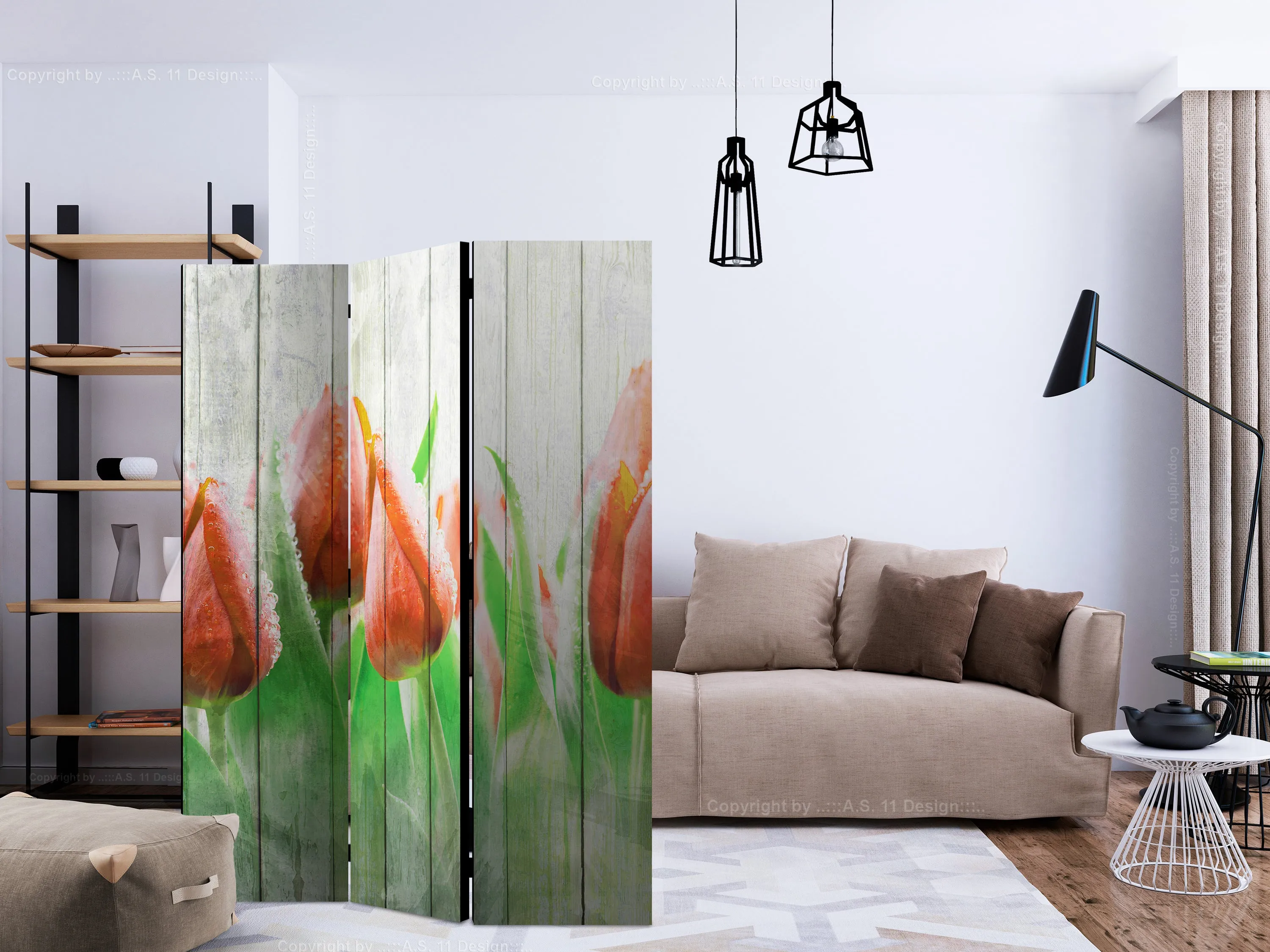 Paravento Red tulips on wood [Room Dividers]