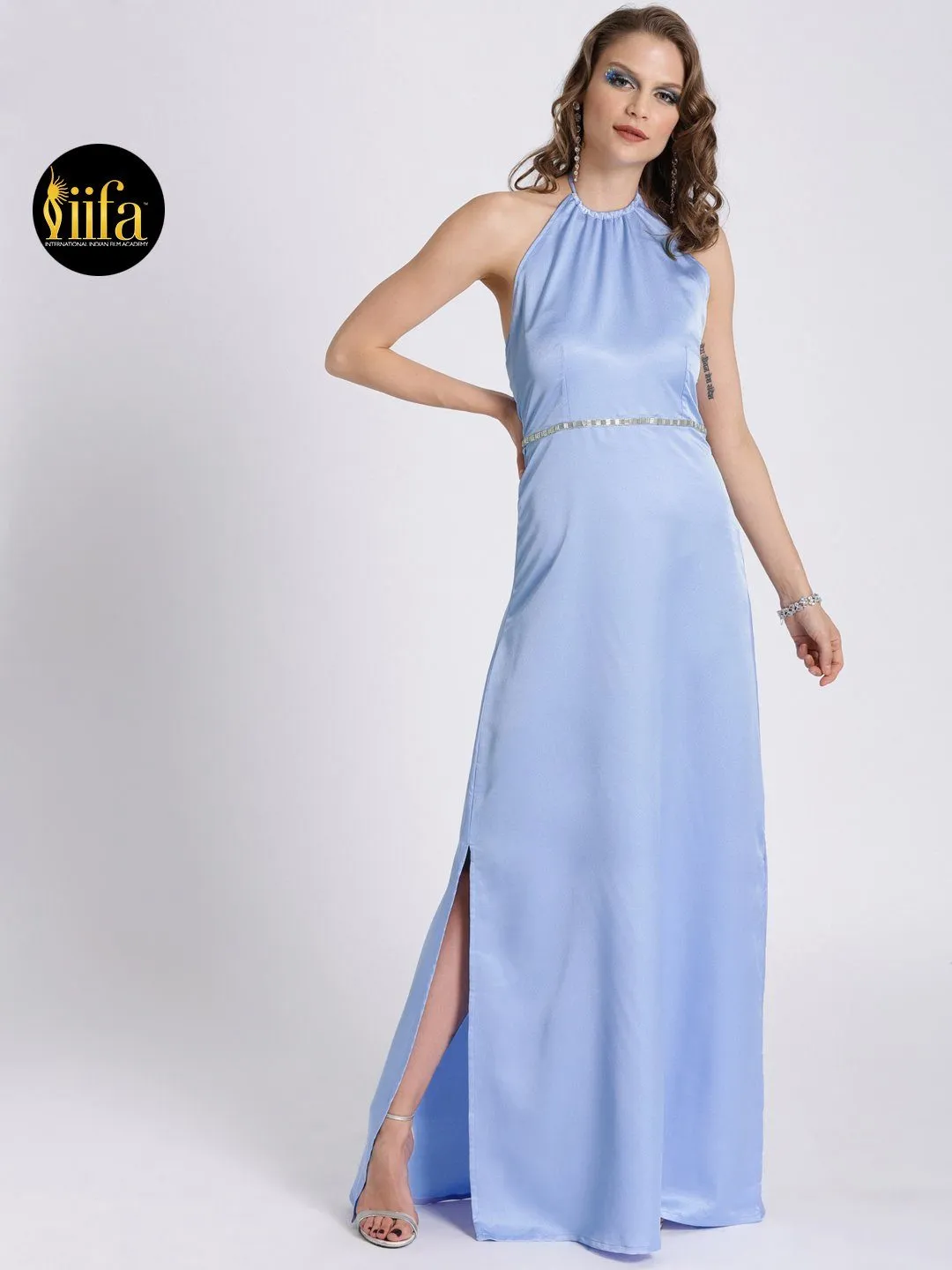 PASTEL BLUE HALTER NECK GOWN WITH SIDE SLIT