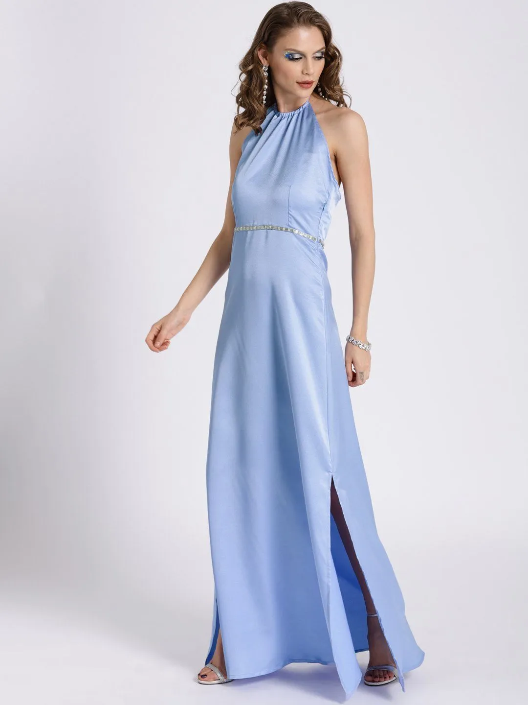 PASTEL BLUE HALTER NECK GOWN WITH SIDE SLIT