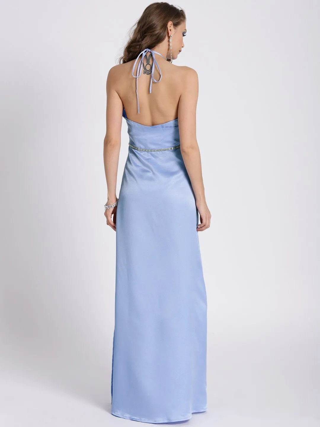 PASTEL BLUE HALTER NECK GOWN WITH SIDE SLIT