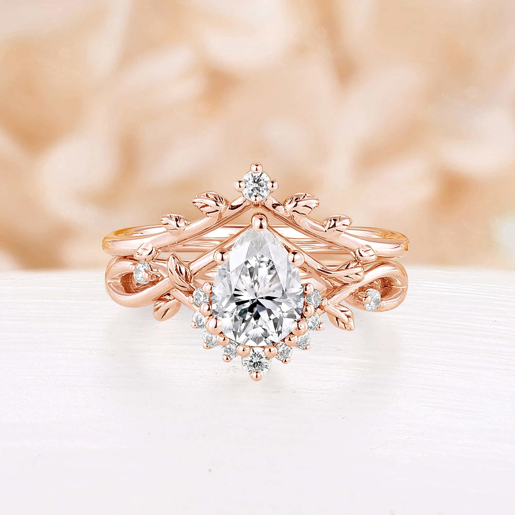 Pear Moissanite Engagement Ring Set Leaf Nature Inspired Rose Gold