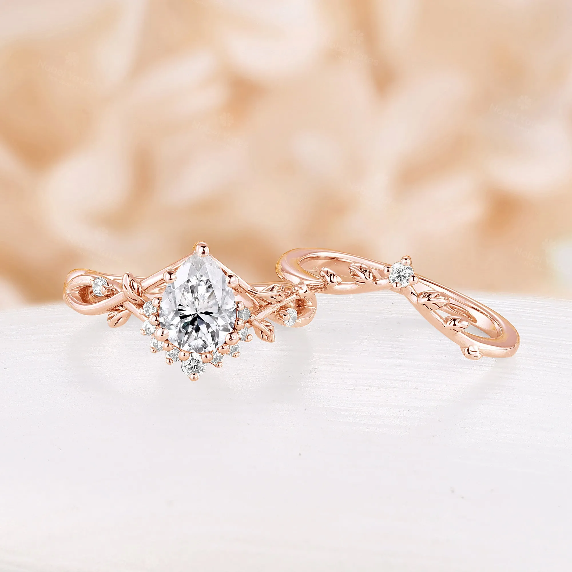 Pear Moissanite Engagement Ring Set Leaf Nature Inspired Rose Gold