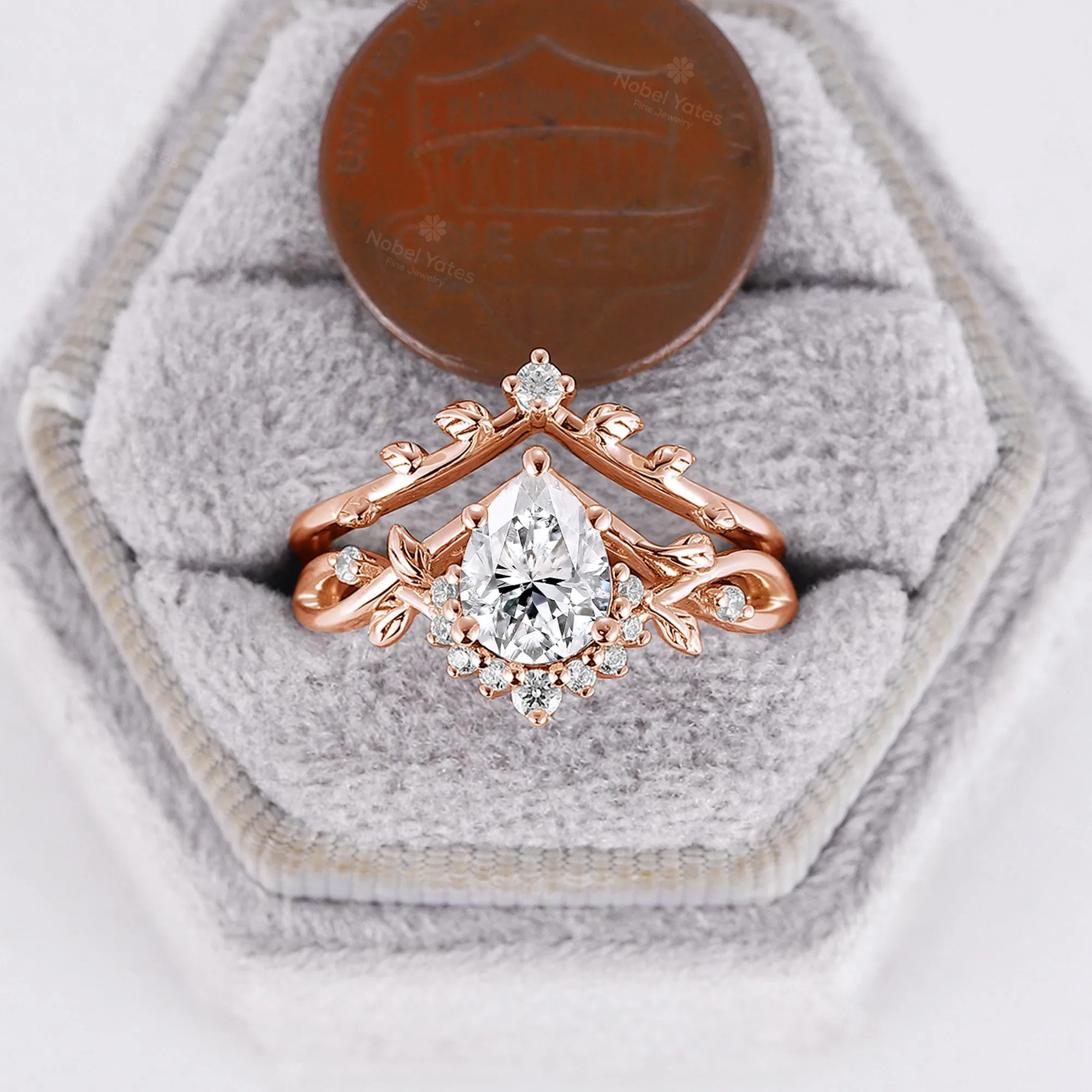 Pear Moissanite Engagement Ring Set Leaf Nature Inspired Rose Gold