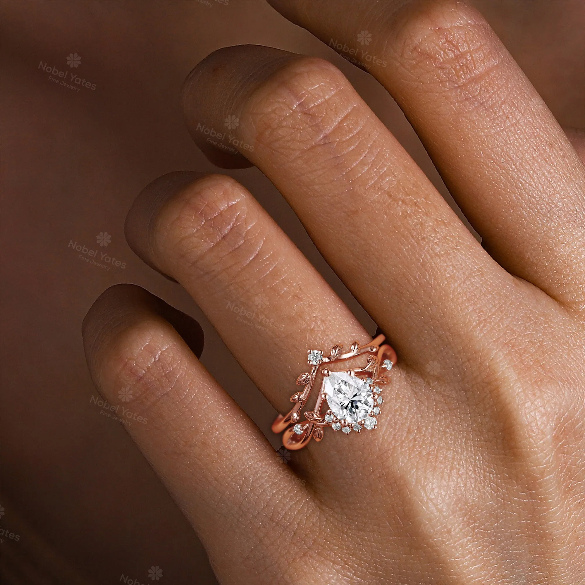 Pear Moissanite Engagement Ring Set Leaf Nature Inspired Rose Gold