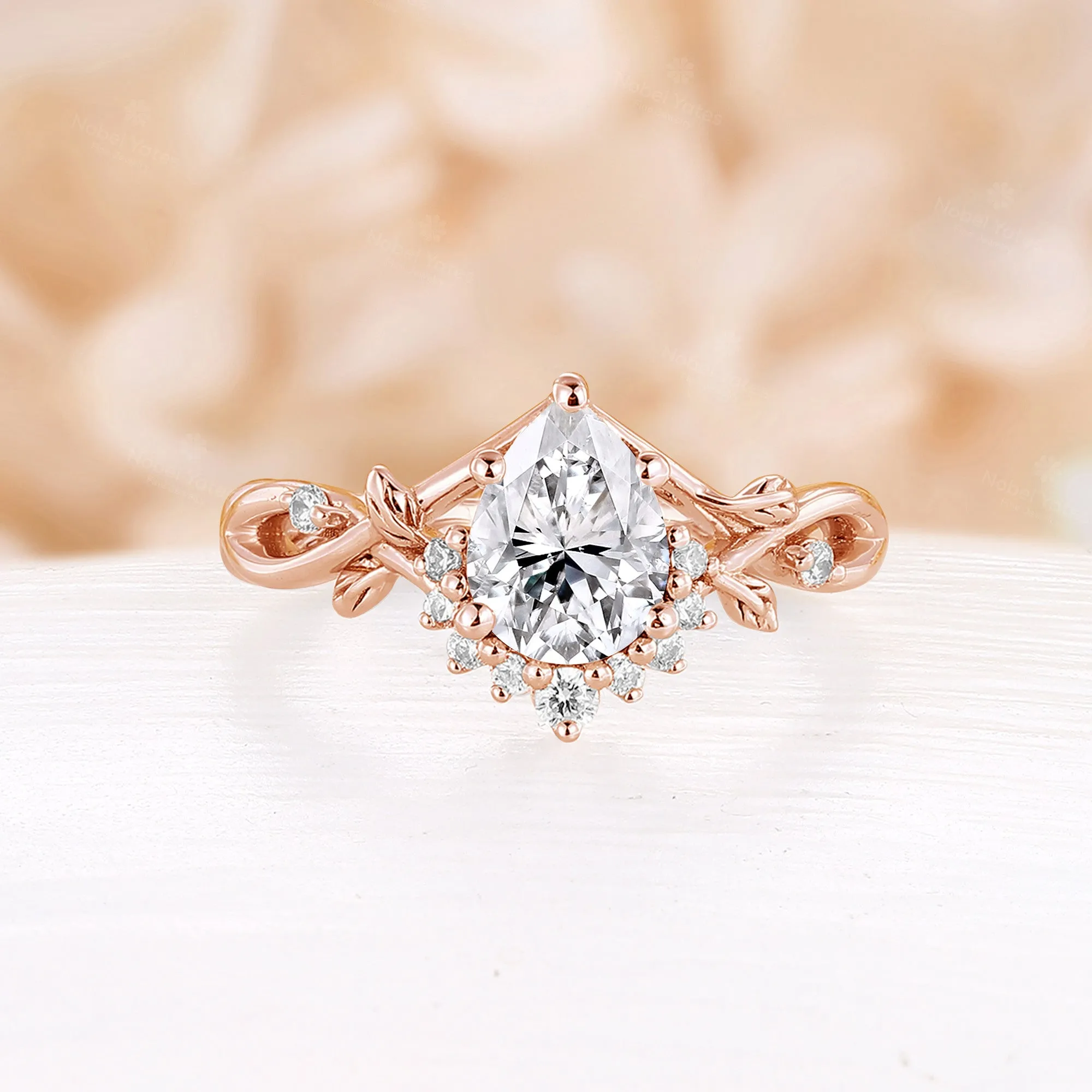 Pear Moissanite Engagement Ring Set Leaf Nature Inspired Rose Gold