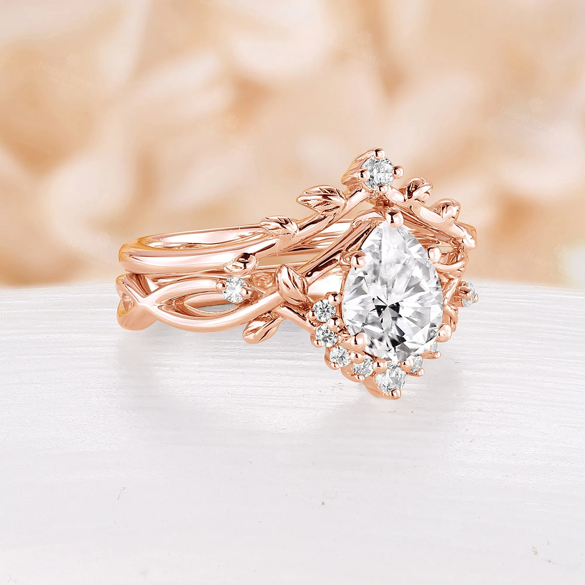 Pear Moissanite Engagement Ring Set Leaf Nature Inspired Rose Gold