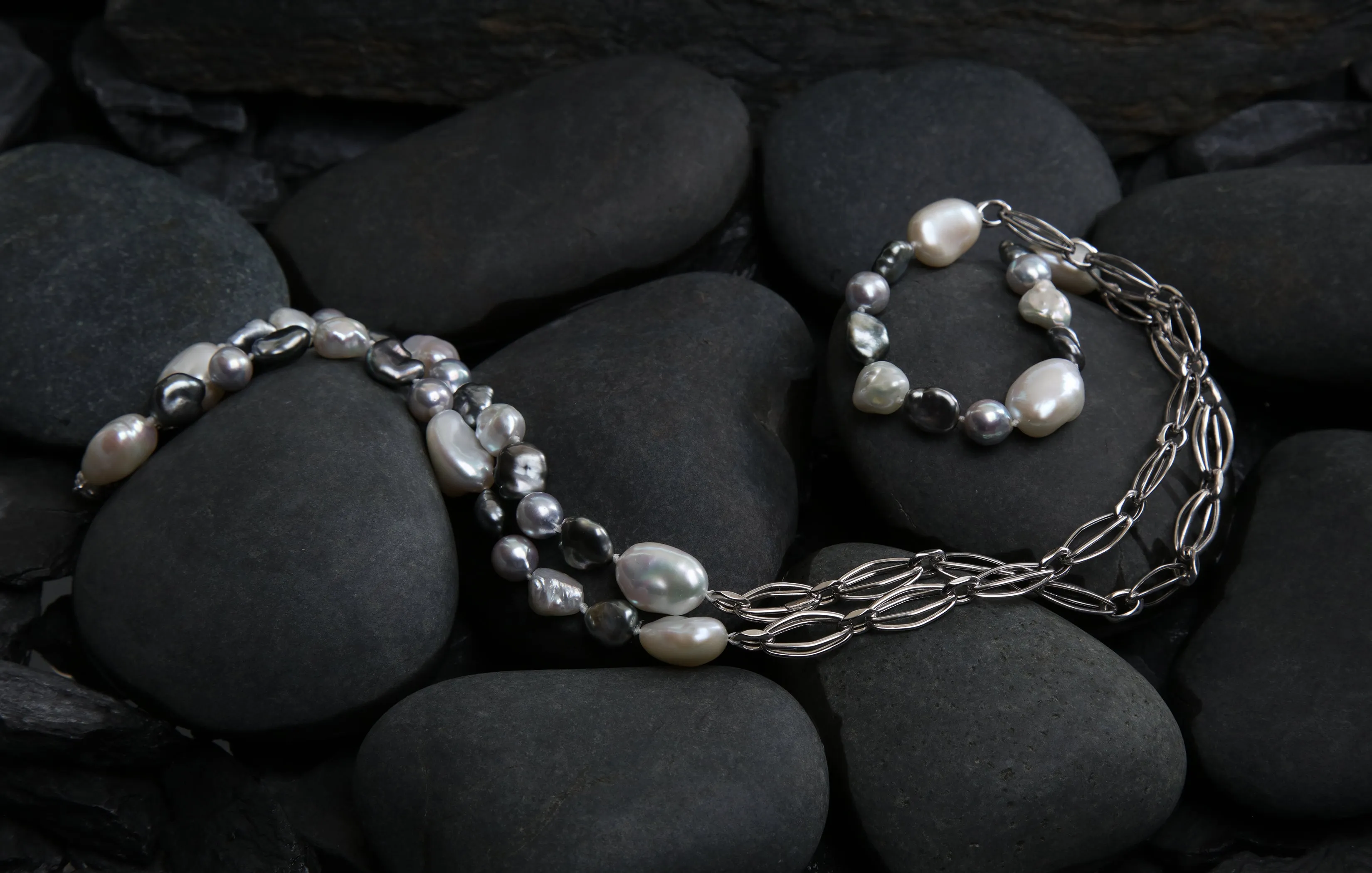 Pearl Sections Alternate With Sections of Italian White Gold Chain