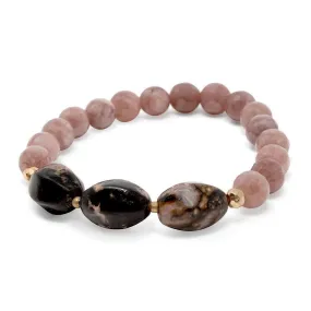 Pink Stone Beaded Stretch Bracelet with Three Oval Stone