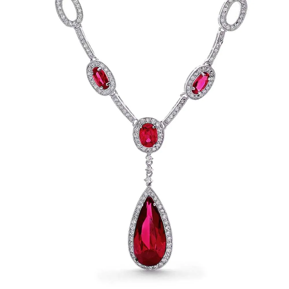 Red CZ Statement Large Teardrop Necklace Clip On Earring Jewelry Set