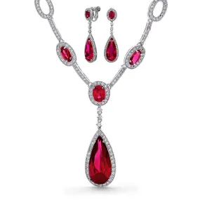 Red CZ Statement Large Teardrop Necklace Clip On Earring Jewelry Set