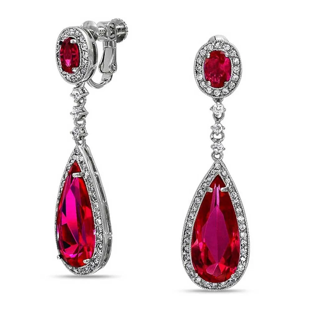 Red CZ Statement Large Teardrop Necklace Clip On Earring Jewelry Set