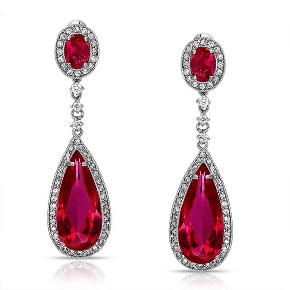 Red CZ Statement Large Teardrop Necklace Clip On Earring Jewelry Set