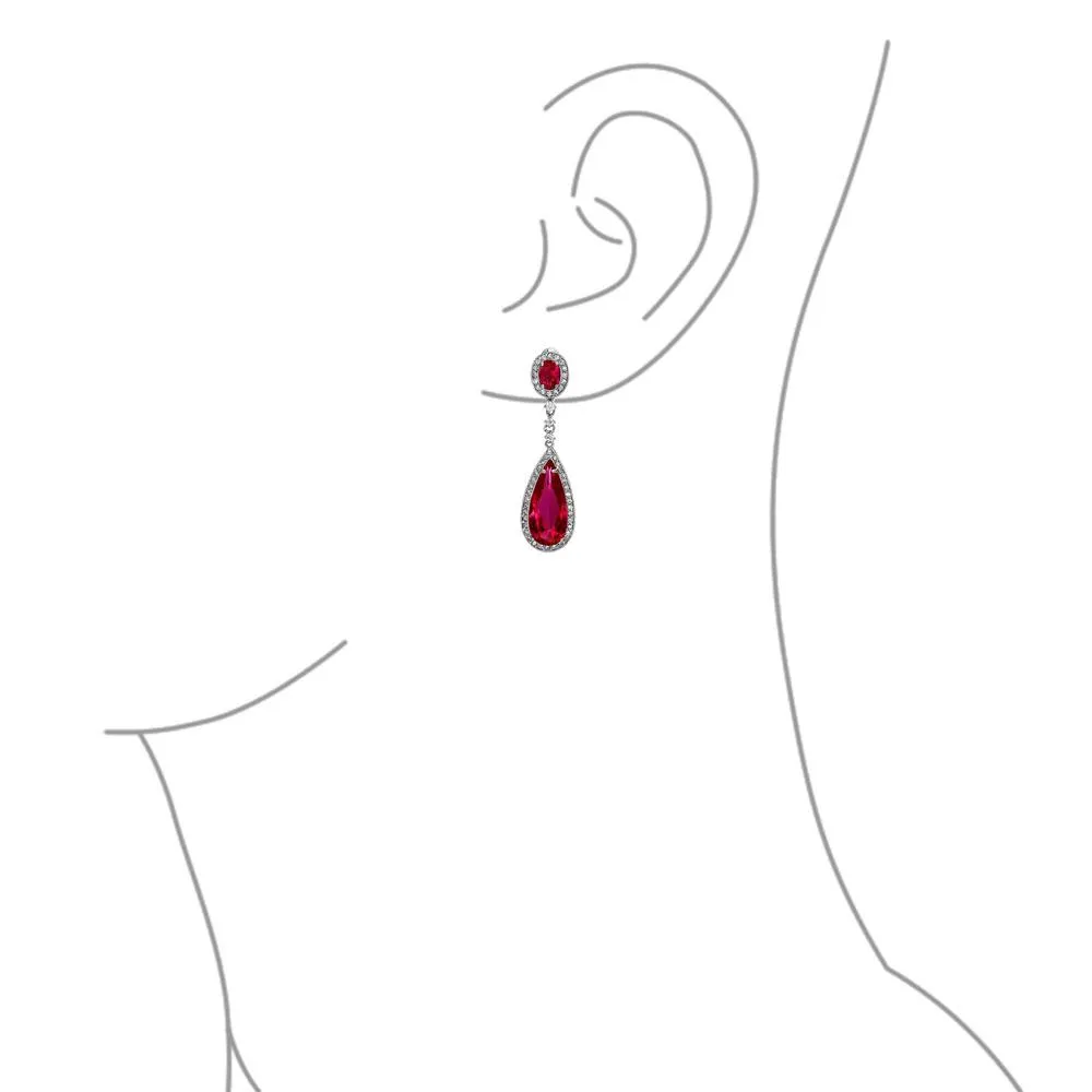 Red CZ Statement Large Teardrop Necklace Clip On Earring Jewelry Set