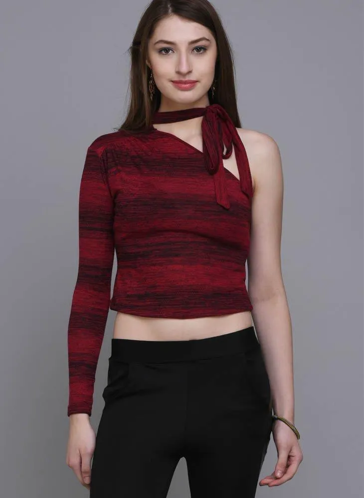 Red One Shoulder Striped Crop top with Tie-up neck