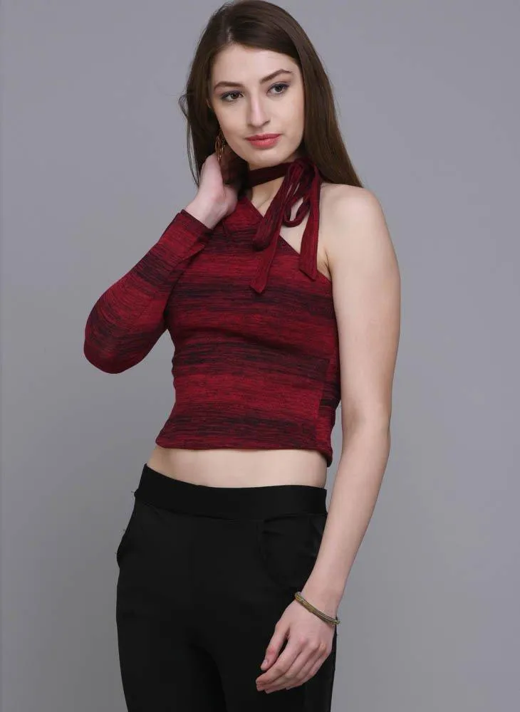 Red One Shoulder Striped Crop top with Tie-up neck