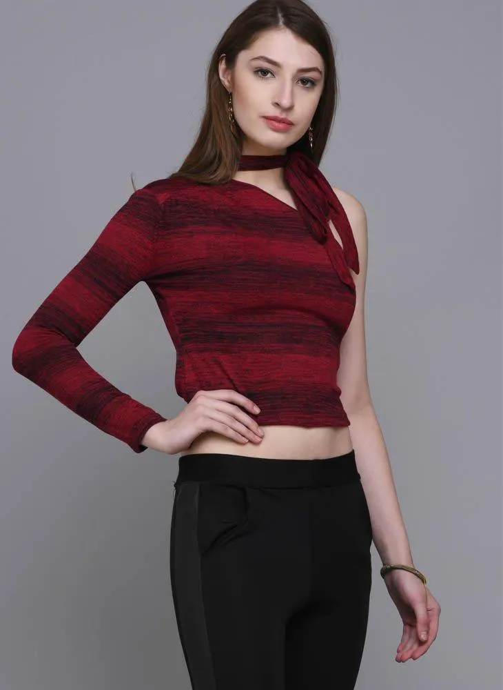 Red One Shoulder Striped Crop top with Tie-up neck