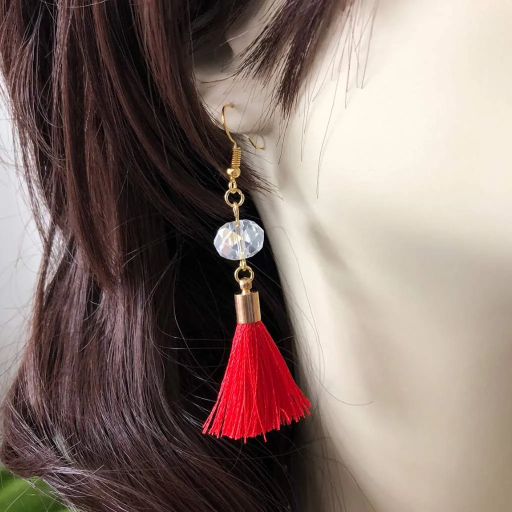 Red Tassel and Clear Crystal Dangle Earrings