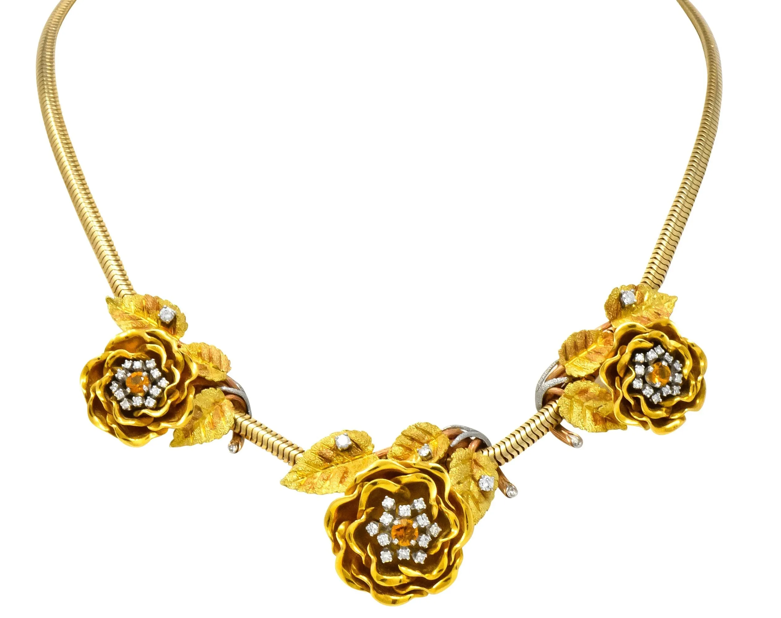 Retro 1.00 CTW Citrine Diamond Platinum 14 Karat Tri-Colored Gold Flower Necklace