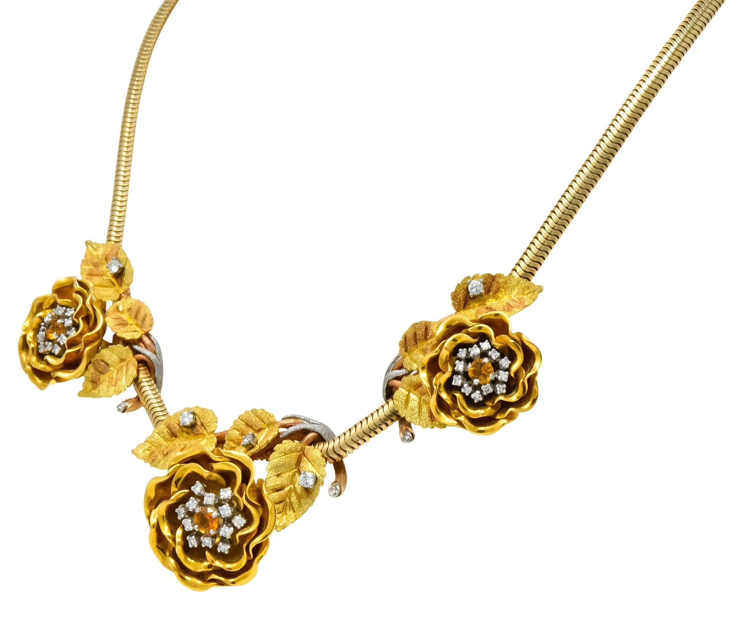 Retro 1.00 CTW Citrine Diamond Platinum 14 Karat Tri-Colored Gold Flower Necklace