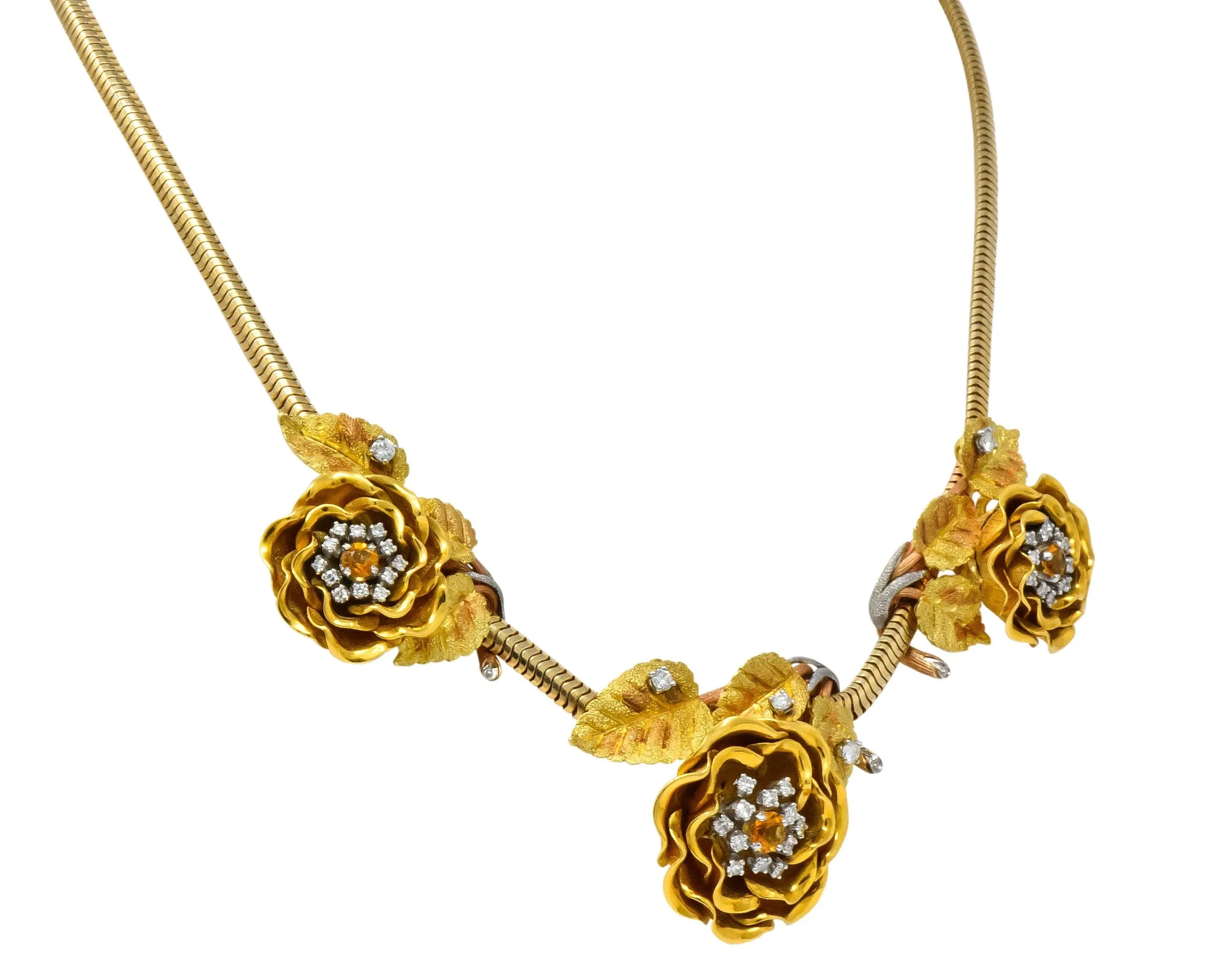 Retro 1.00 CTW Citrine Diamond Platinum 14 Karat Tri-Colored Gold Flower Necklace