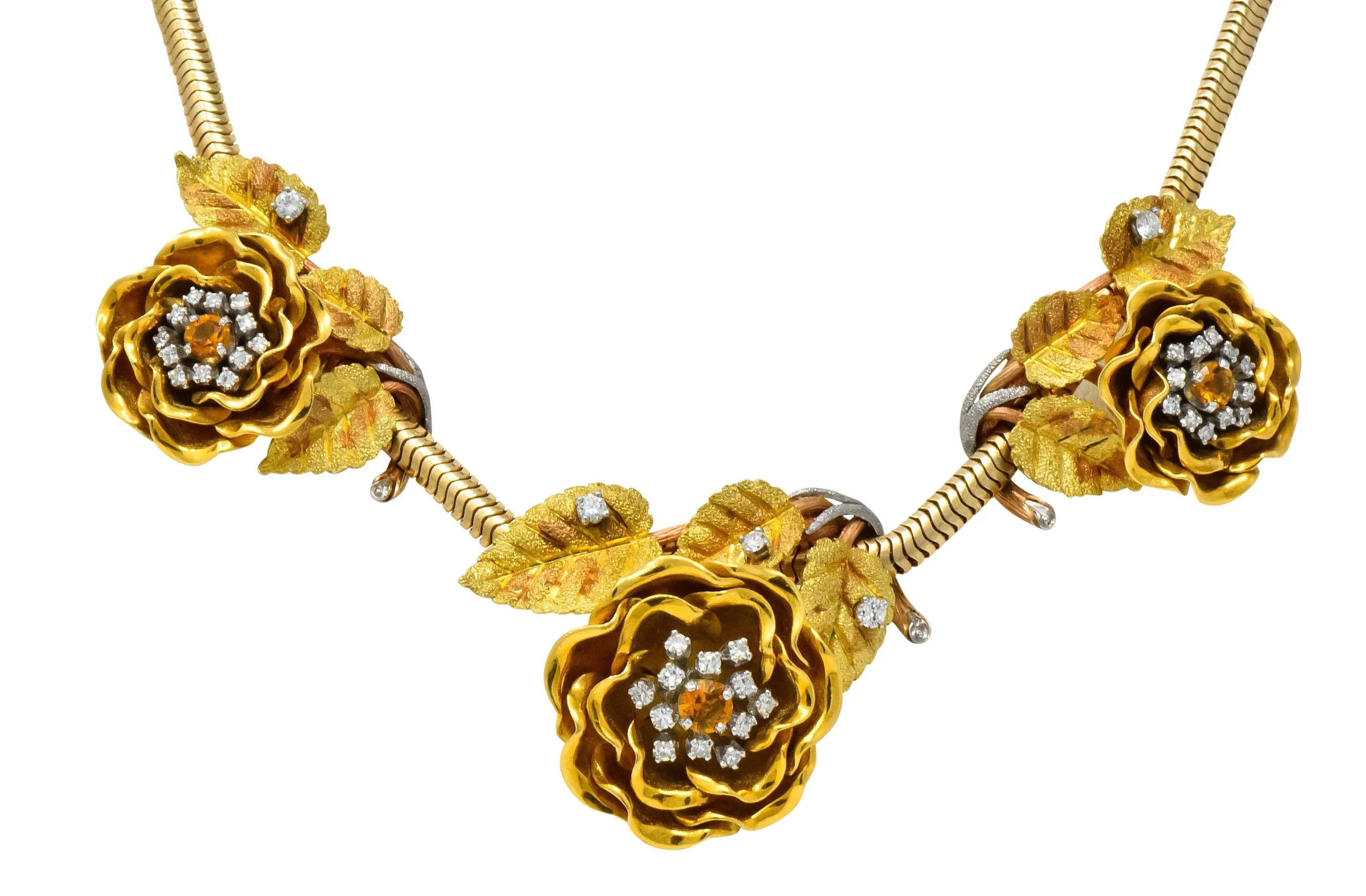 Retro 1.00 CTW Citrine Diamond Platinum 14 Karat Tri-Colored Gold Flower Necklace