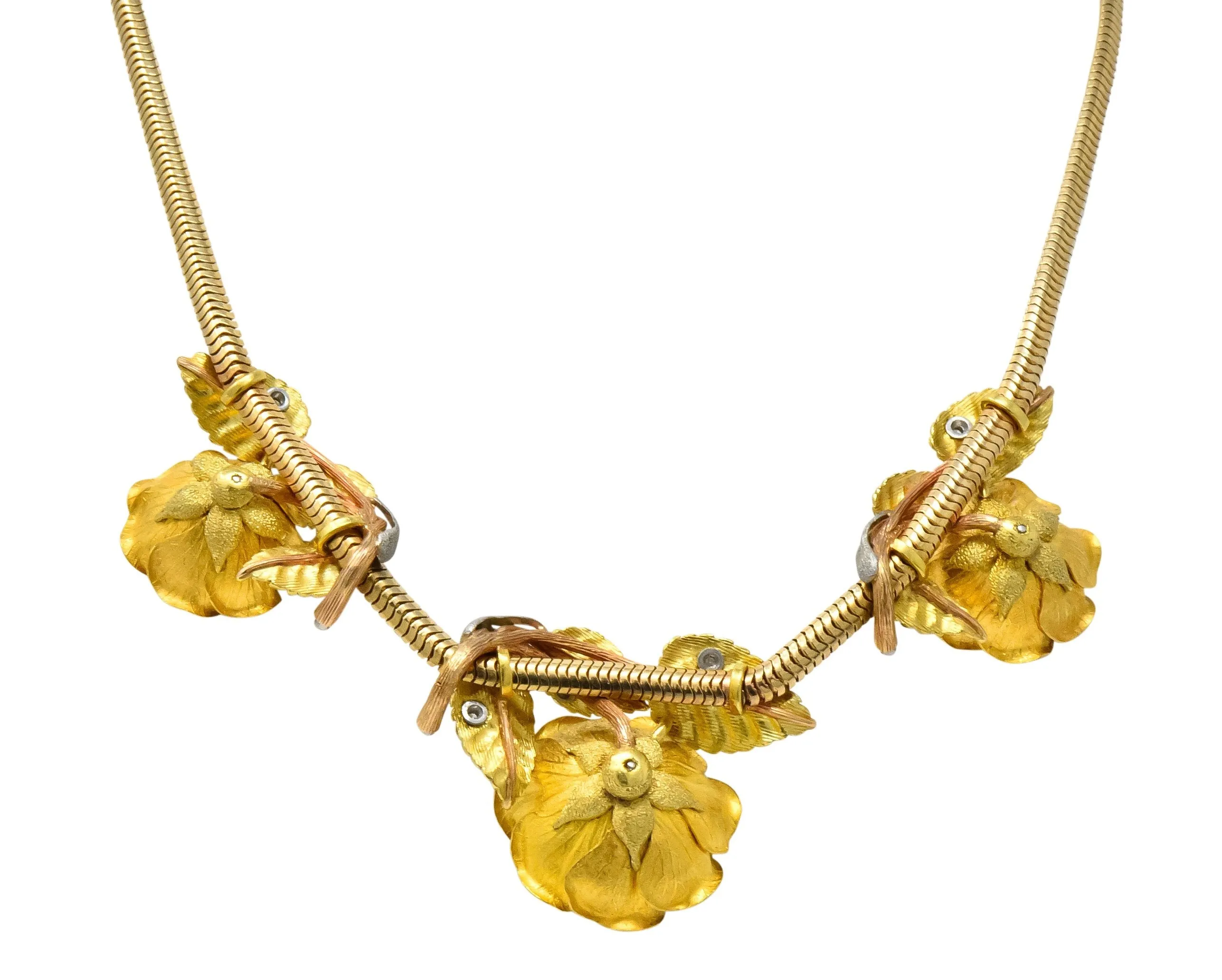 Retro 1.00 CTW Citrine Diamond Platinum 14 Karat Tri-Colored Gold Flower Necklace