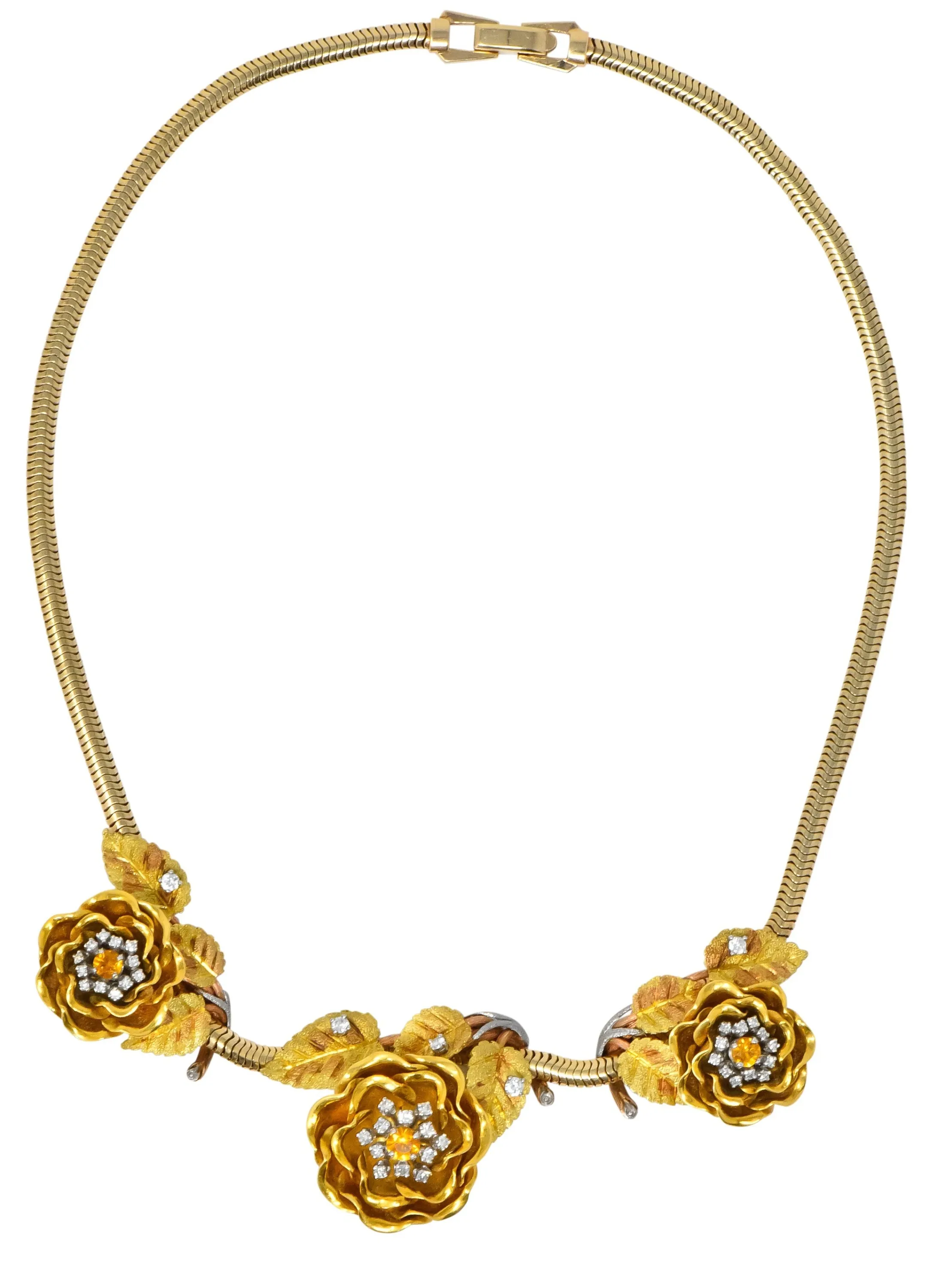 Retro 1.00 CTW Citrine Diamond Platinum 14 Karat Tri-Colored Gold Flower Necklace