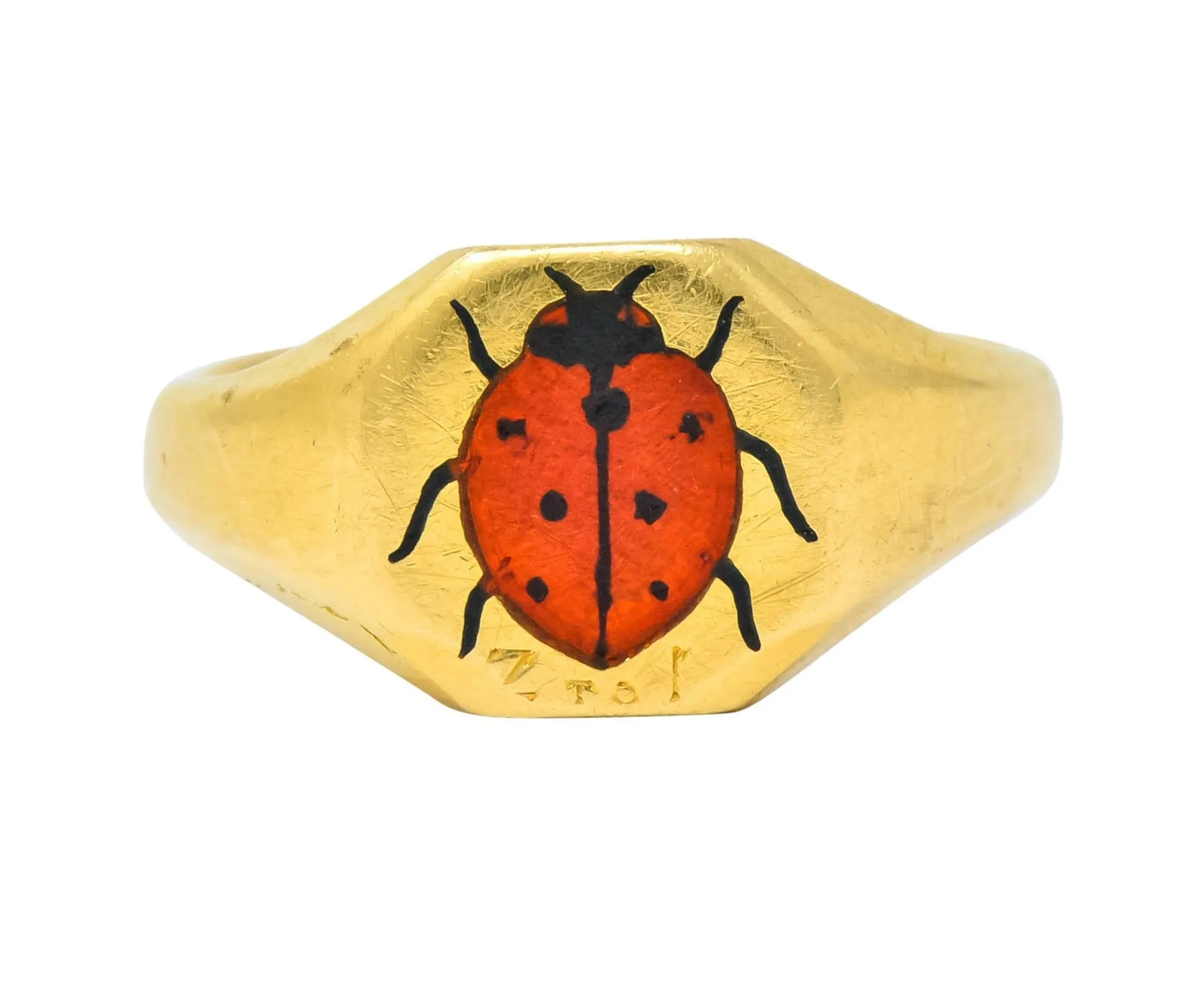 Retro 1938 Enamel 18 Karat Gold Ladybug Signet Pinky Ring