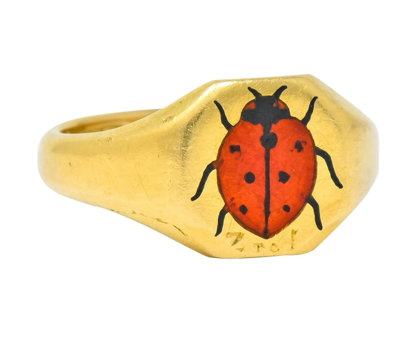 Retro 1938 Enamel 18 Karat Gold Ladybug Signet Pinky Ring