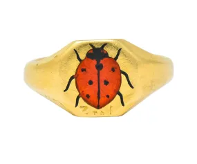 Retro 1938 Enamel 18 Karat Gold Ladybug Signet Pinky Ring