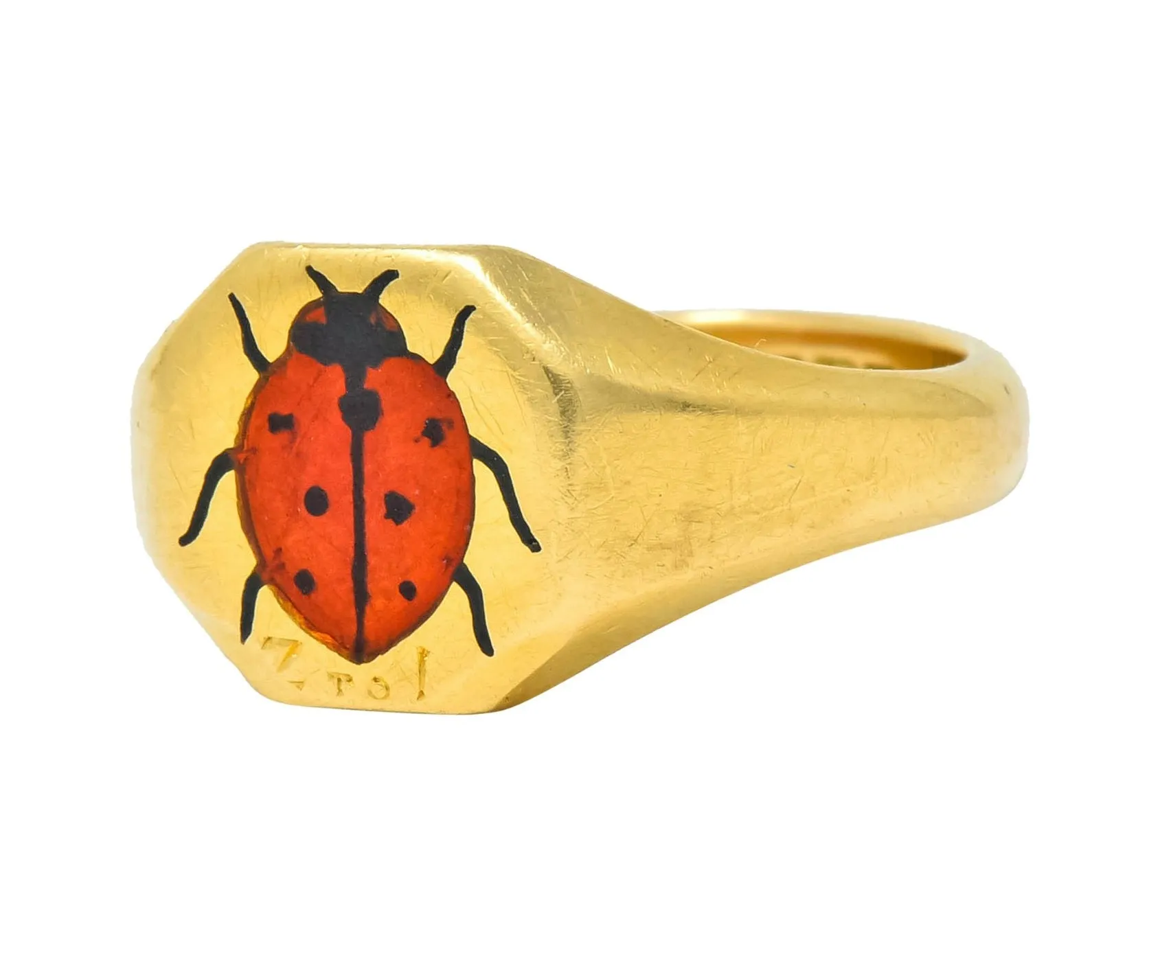 Retro 1938 Enamel 18 Karat Gold Ladybug Signet Pinky Ring