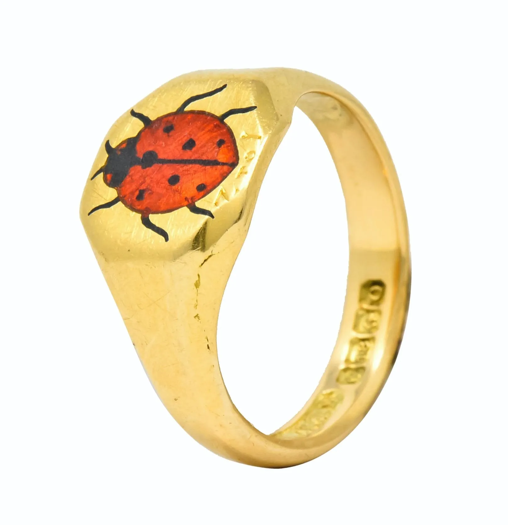 Retro 1938 Enamel 18 Karat Gold Ladybug Signet Pinky Ring