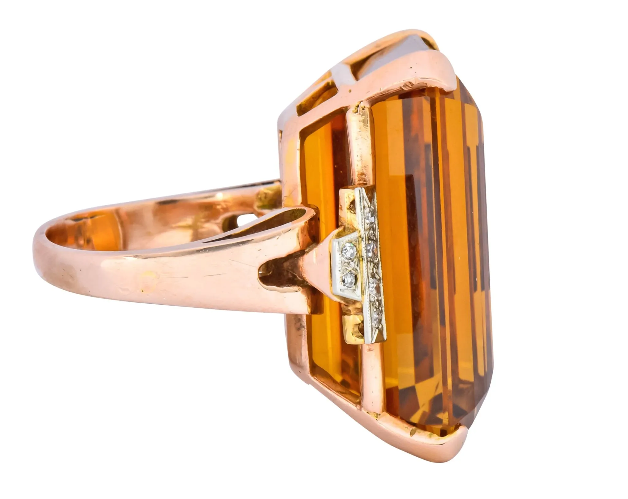 Retro 1950’s Citrine Diamond 14 Karat Gold Statement Cocktail Ring