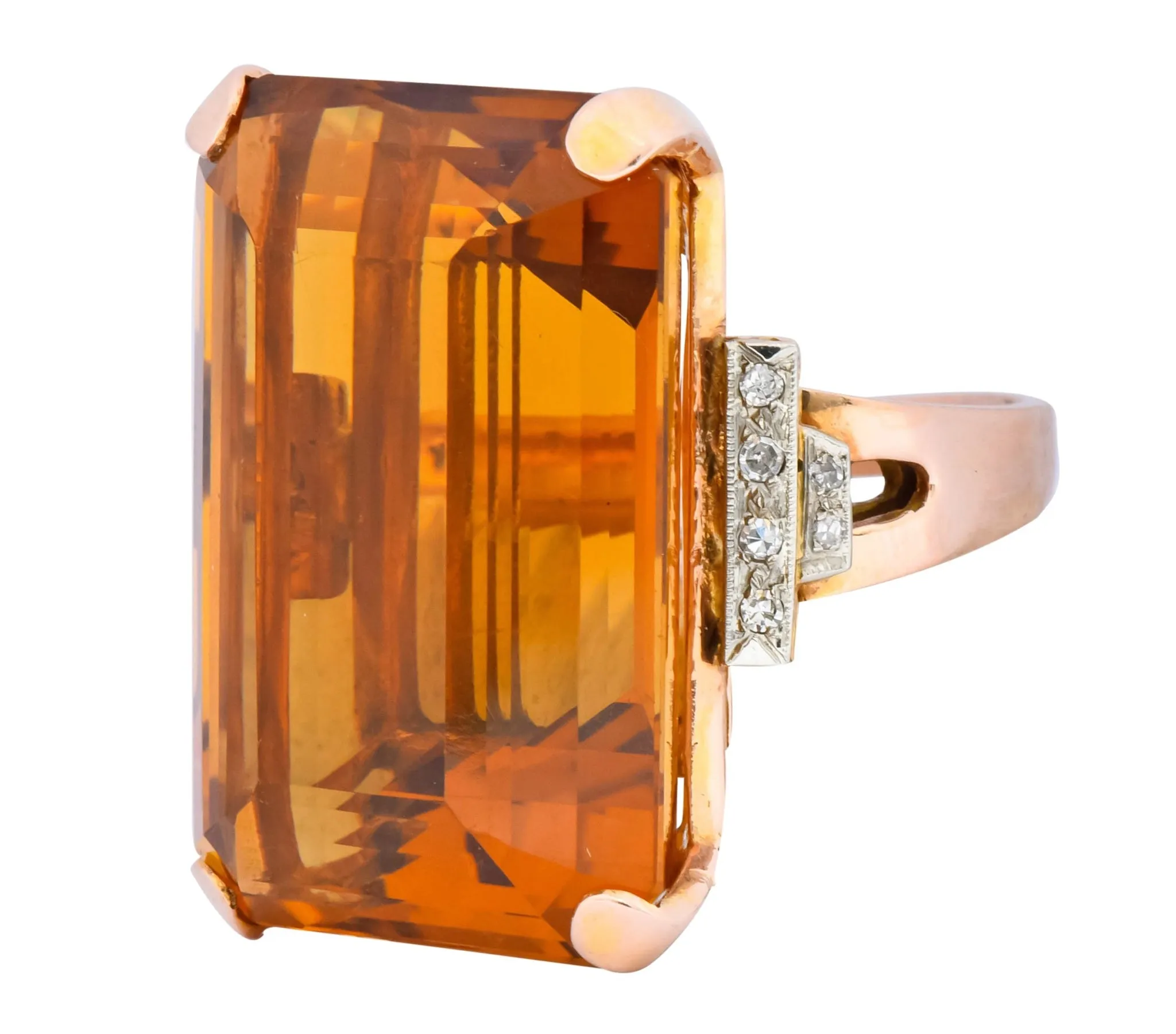 Retro 1950’s Citrine Diamond 14 Karat Gold Statement Cocktail Ring