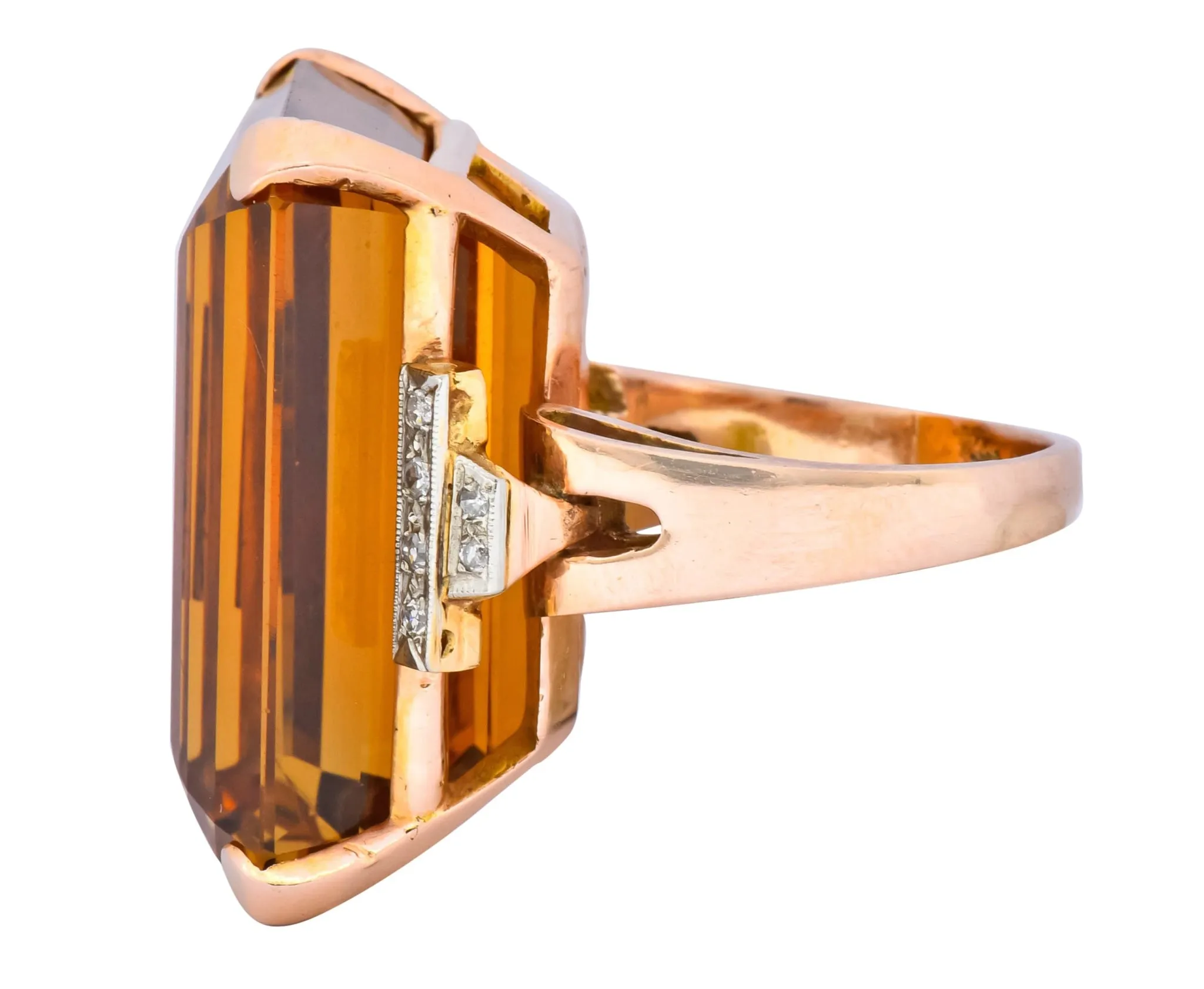 Retro 1950’s Citrine Diamond 14 Karat Gold Statement Cocktail Ring