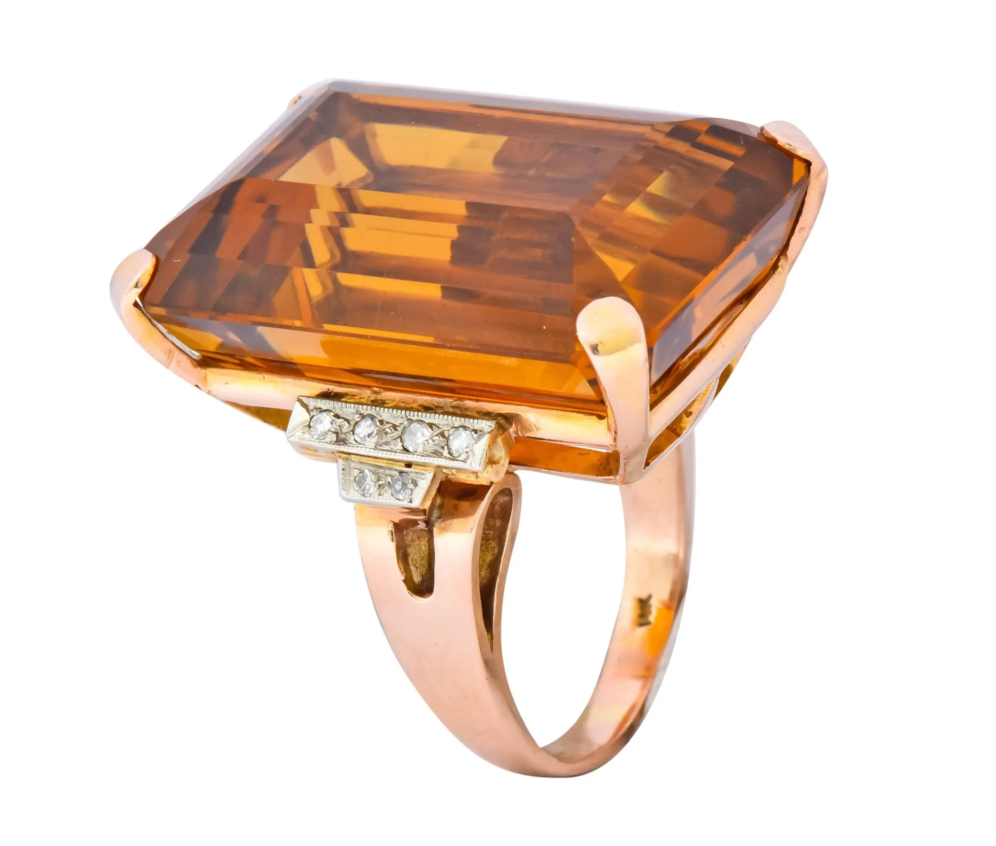 Retro 1950’s Citrine Diamond 14 Karat Gold Statement Cocktail Ring