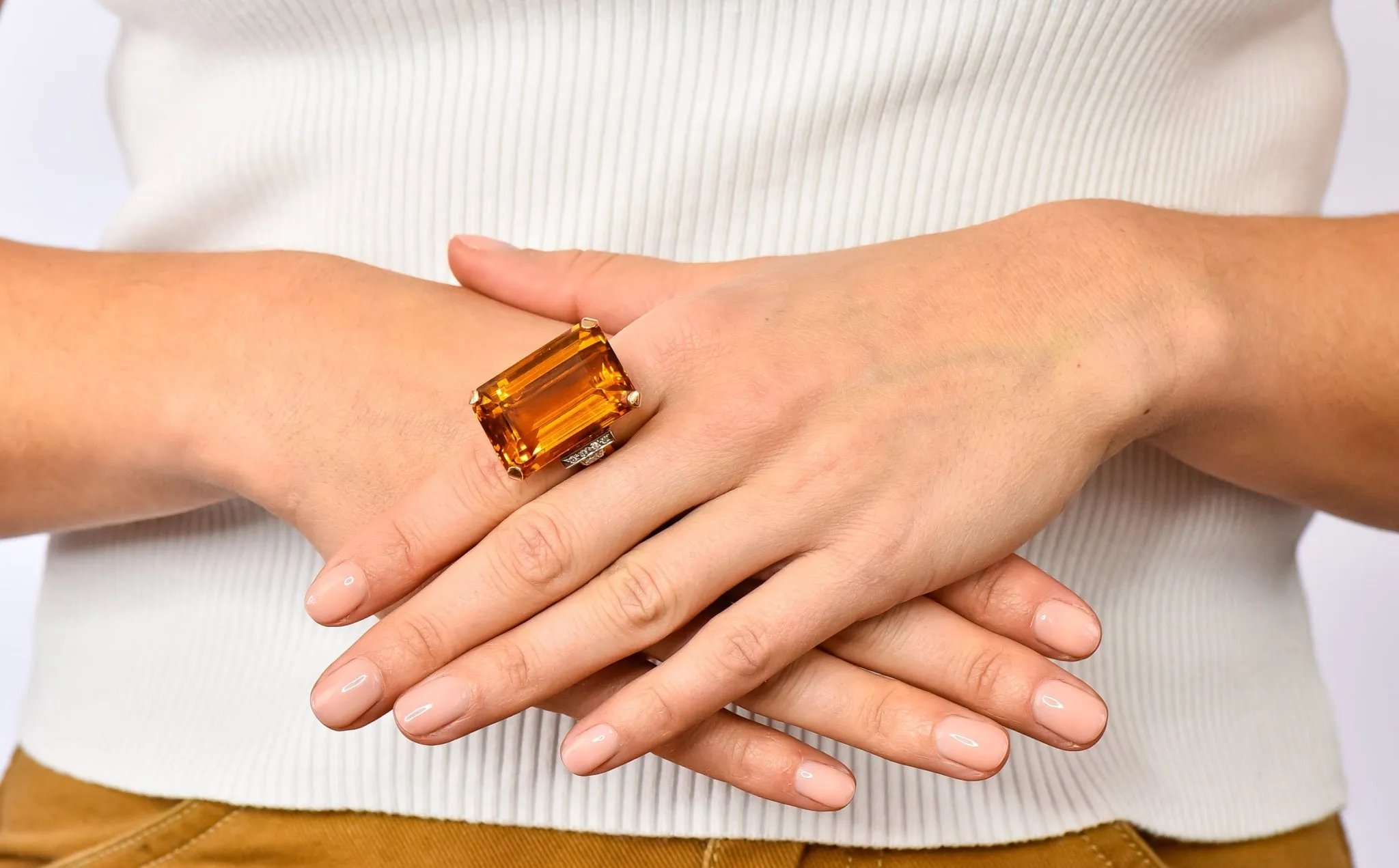 Retro 1950’s Citrine Diamond 14 Karat Gold Statement Cocktail Ring