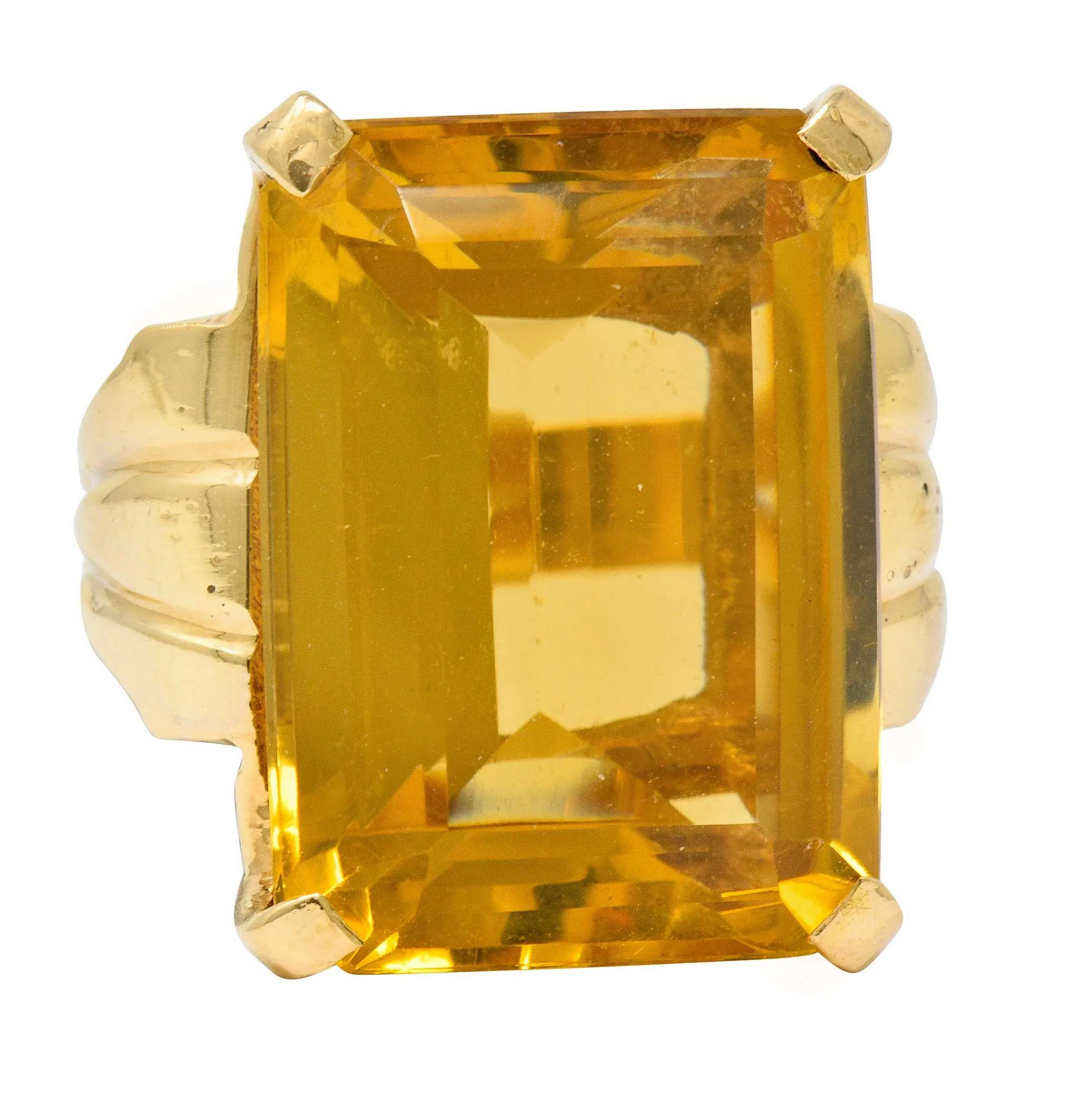 Retro Emerald Cut Citrine 14 Karat Gold Statement Ring Circa 1940