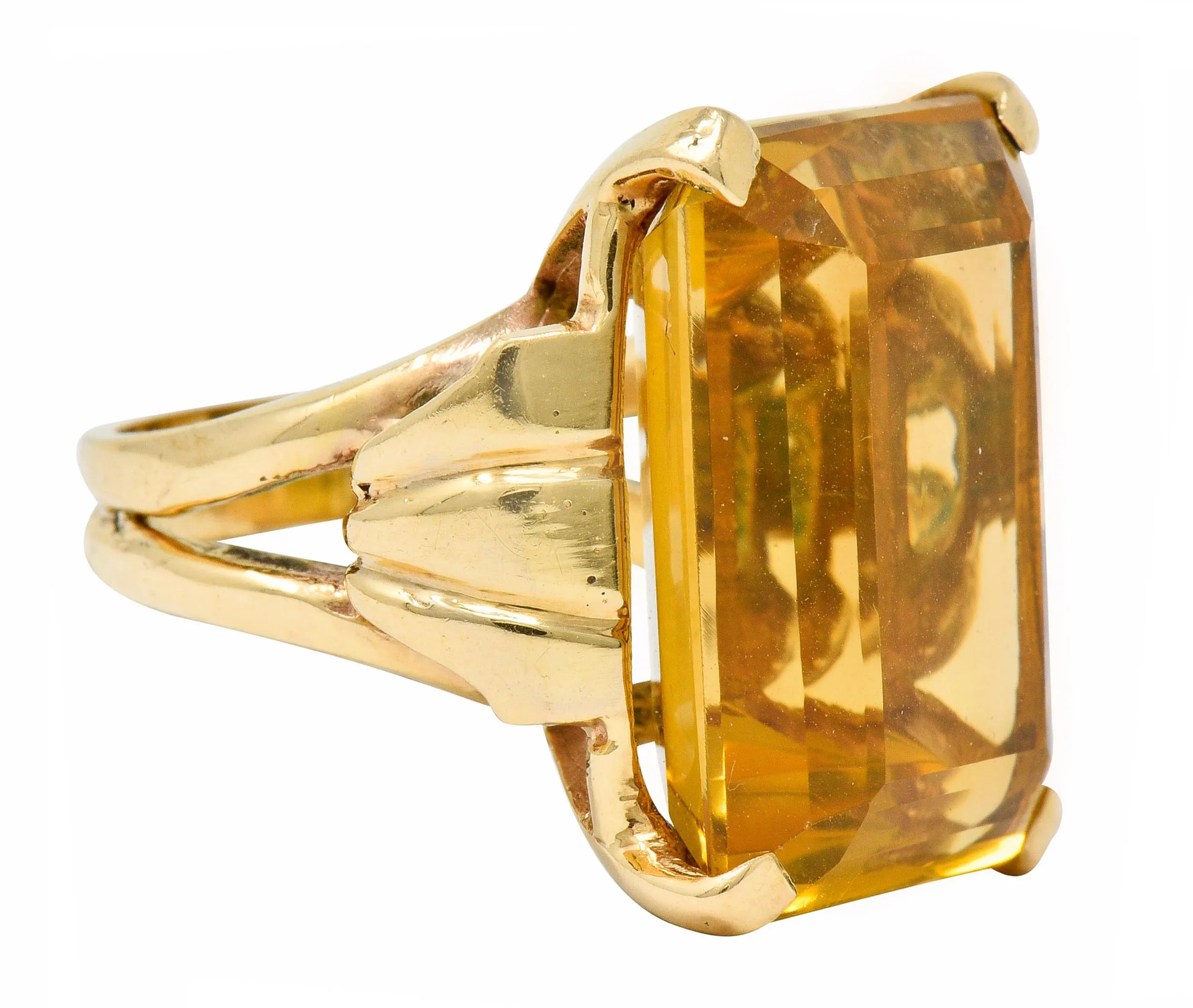 Retro Emerald Cut Citrine 14 Karat Gold Statement Ring Circa 1940