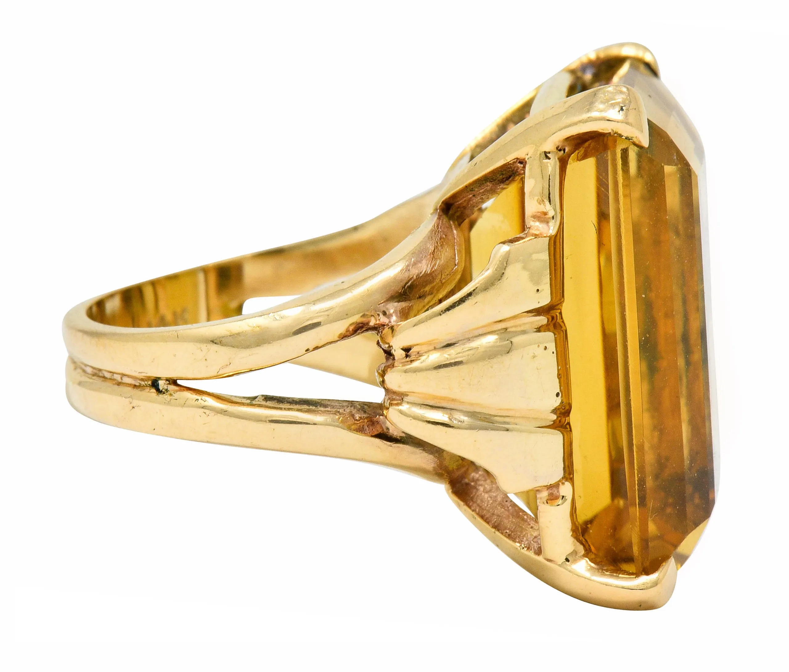 Retro Emerald Cut Citrine 14 Karat Gold Statement Ring Circa 1940