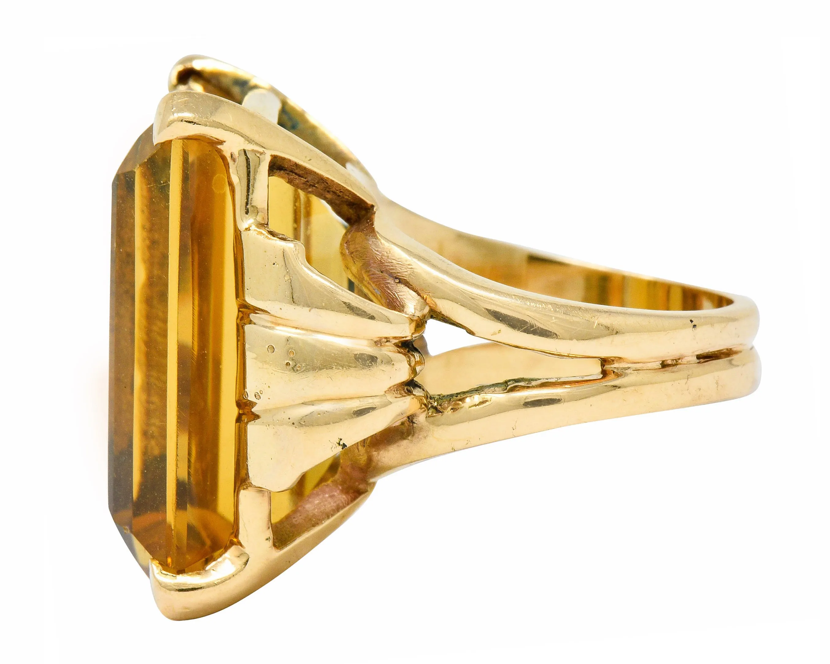 Retro Emerald Cut Citrine 14 Karat Gold Statement Ring Circa 1940