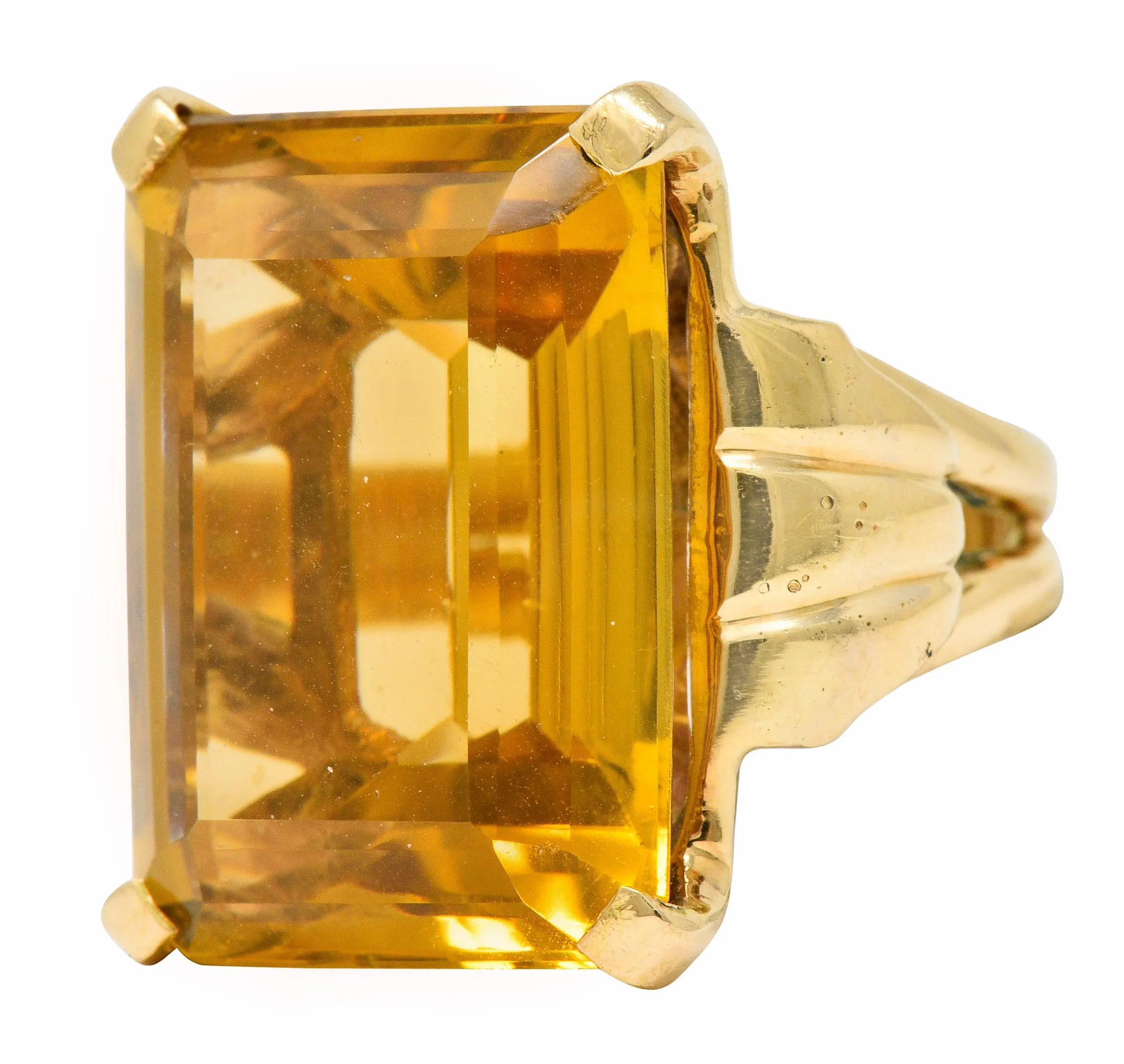 Retro Emerald Cut Citrine 14 Karat Gold Statement Ring Circa 1940