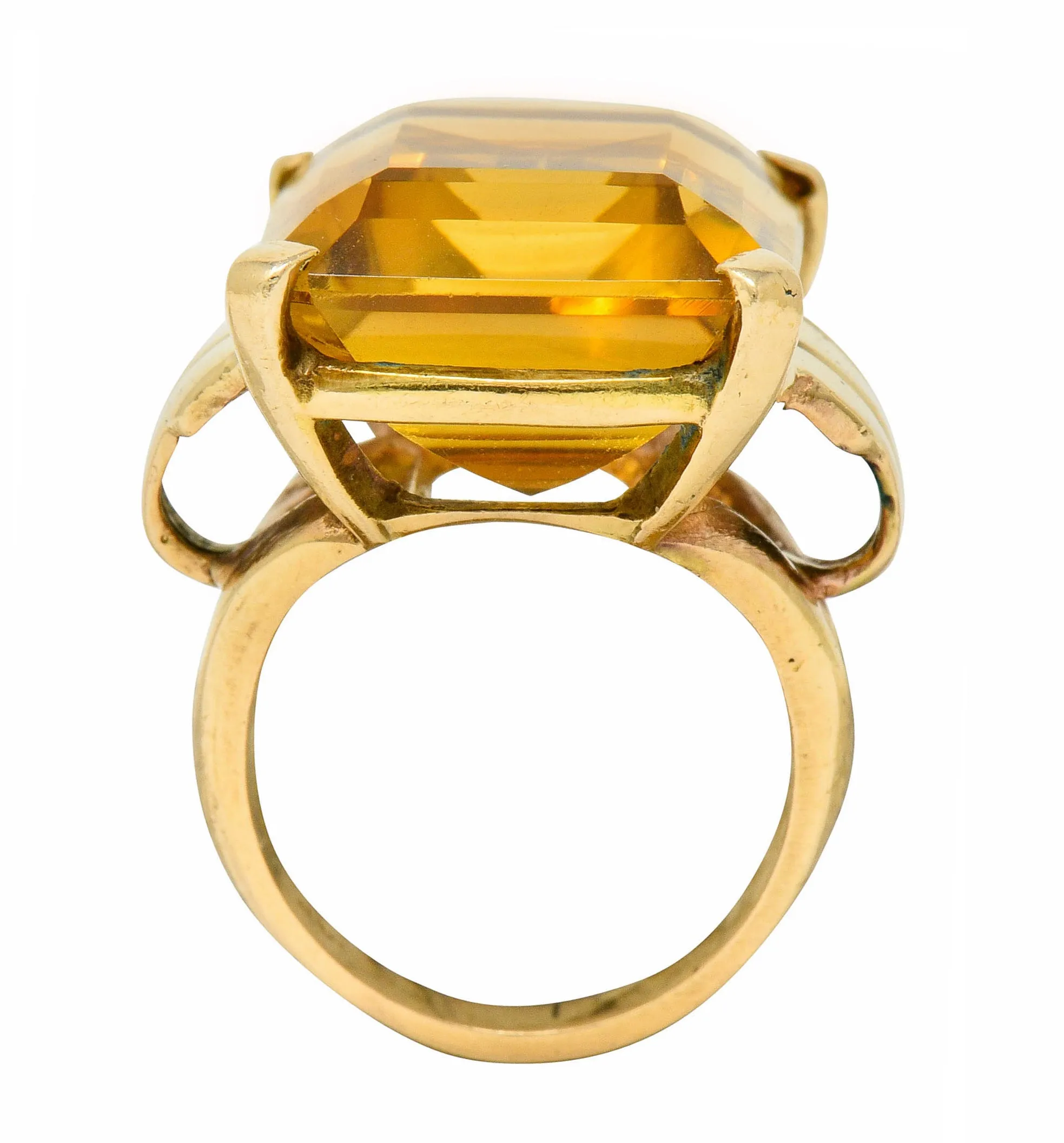 Retro Emerald Cut Citrine 14 Karat Gold Statement Ring Circa 1940