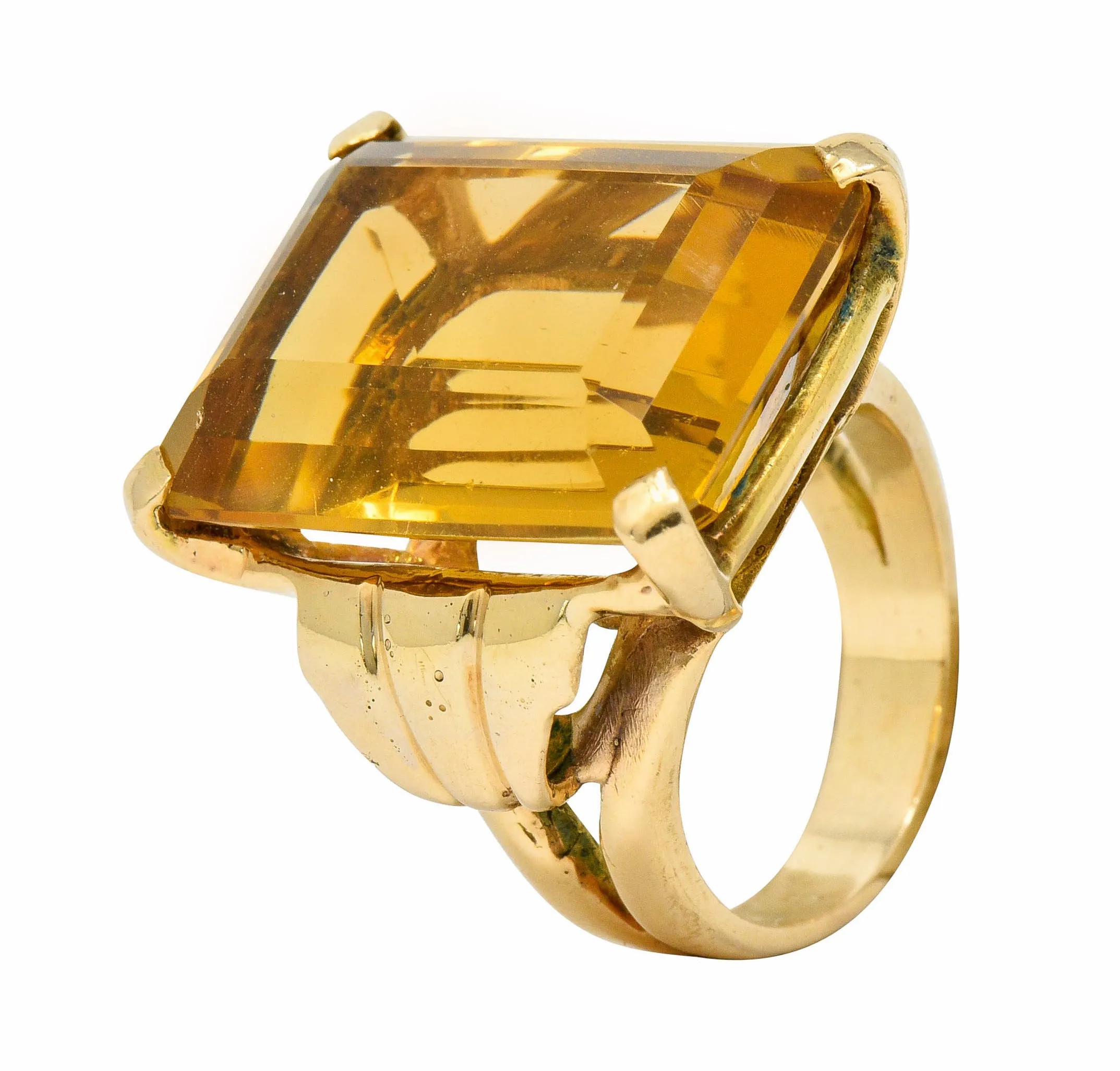 Retro Emerald Cut Citrine 14 Karat Gold Statement Ring Circa 1940