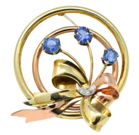 Retro Tiffany & Co. 1.32 CTW Sapphire 18 Karat Tri-Colored Gold Brooch