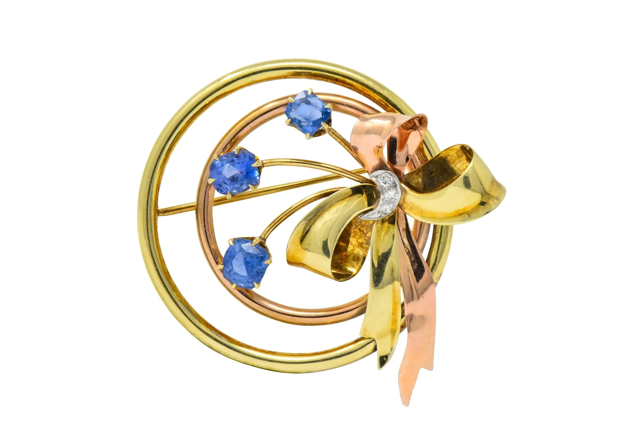 Retro Tiffany & Co. 1.32 CTW Sapphire 18 Karat Tri-Colored Gold Brooch