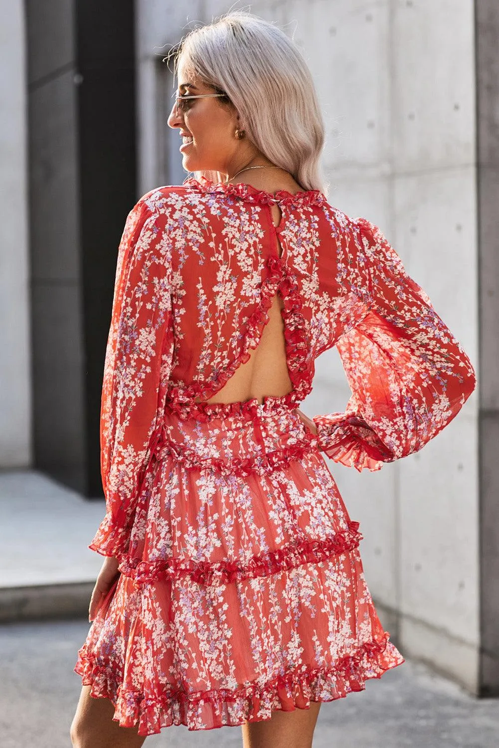 Ruffle Detailing Open Back Floral Dress - Red