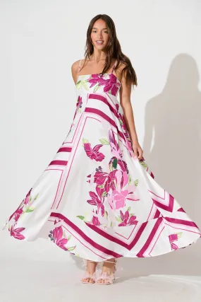 Ruthie Maxi Sundress in White with Pink Floral Satin